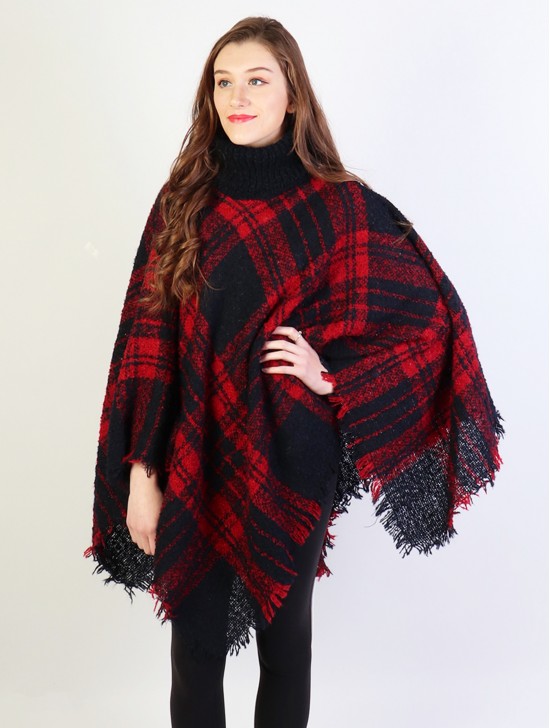 Loose Neck Poncho W/ Plaid